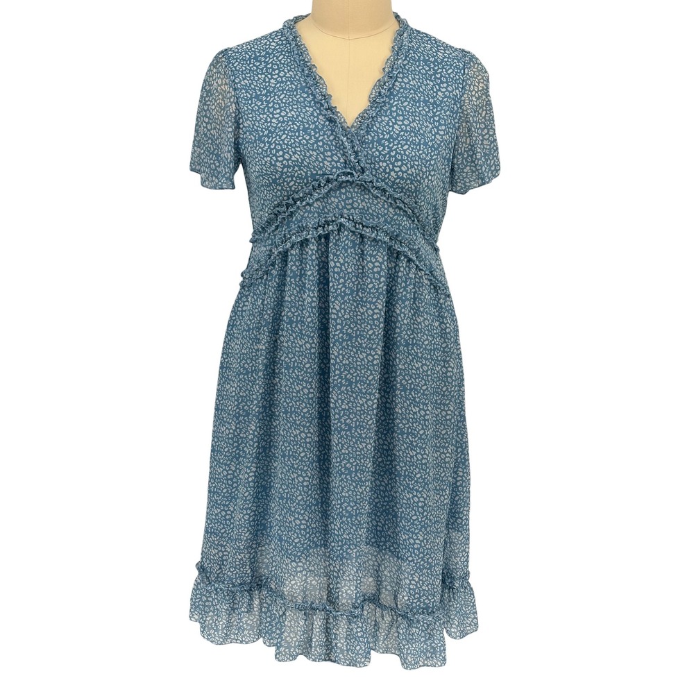 KIRUNDO Ruffle Mini Dress Blue Leopard Print Short Sleeve V-Neck XL